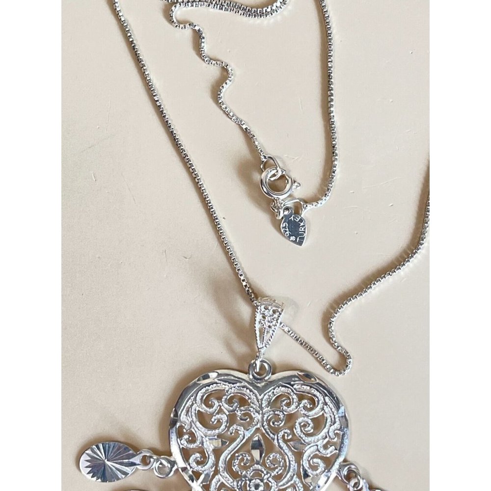 Valentine Dangling Heart Sterling Filigree Necklace 925 Turkey 16" - Picture 14 of 15